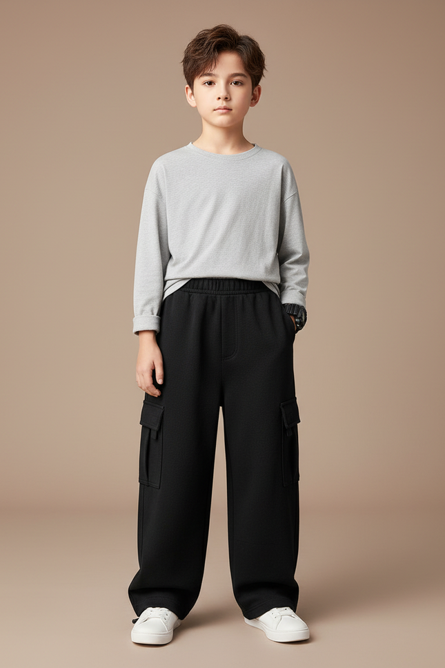 Pantalon Noir Cargo Ample Molletonné Garçon