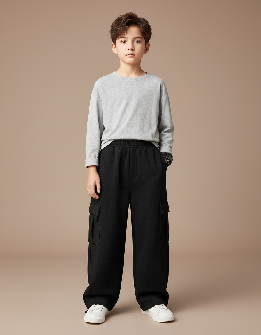 Pantalon Noir Cargo Ample Molletonné Garçon