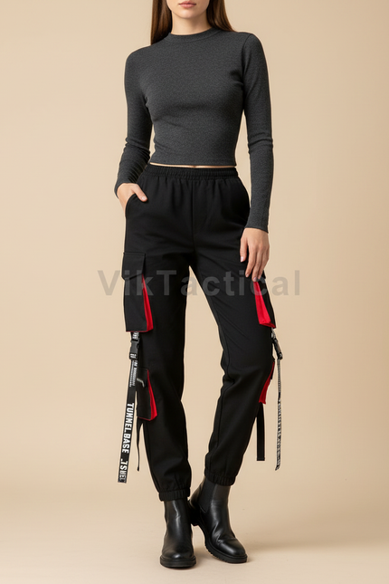 Pantalon Noir Cargo Streetwear Femme Décontracté - Polyester