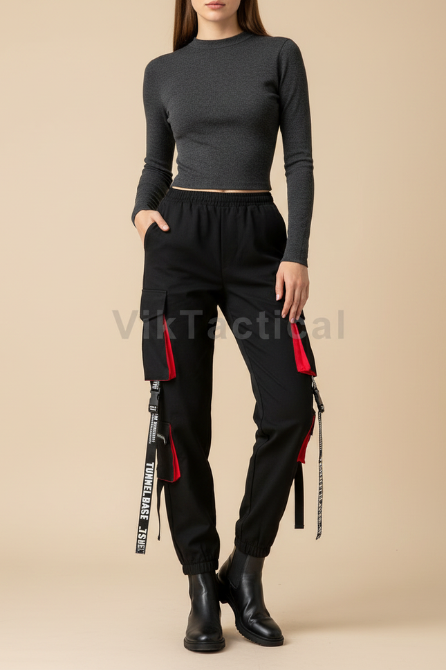 Pantalon Noir Cargo Streetwear Femme Décontracté - Polyester