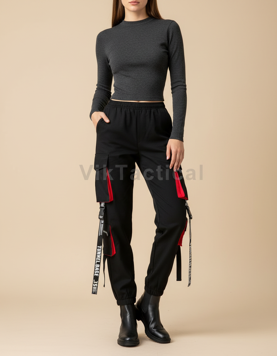 Pantalon Noir Cargo Streetwear Femme Décontracté - Polyester