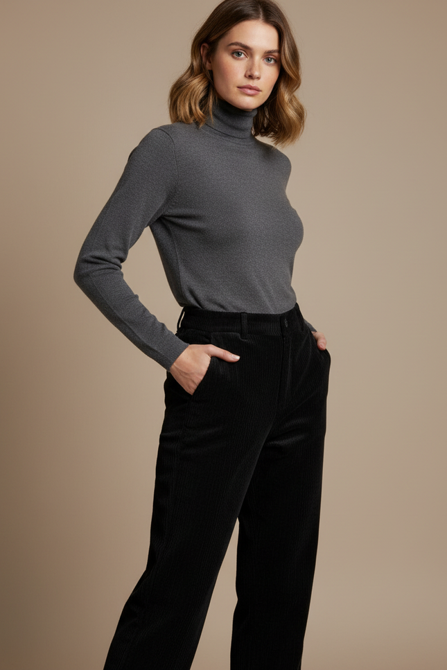 Pantalon Noir Côtelé Ample Taille Haute Femme - Cordé