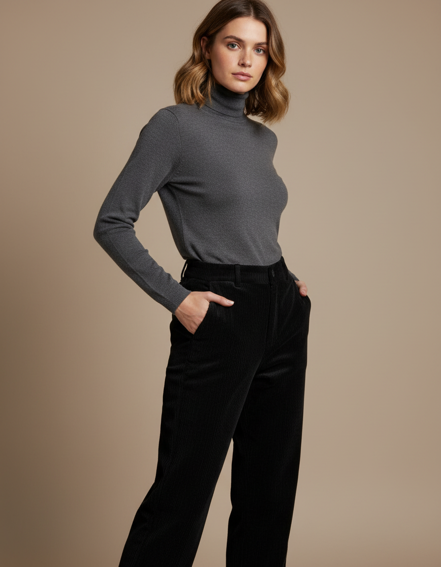 Pantalon Noir Côtelé Ample Taille Haute Femme - Cordé