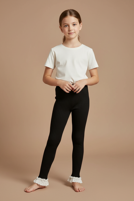 Pantalon Noir Côtelé Dentelle Volants Fille Confortable - Maille