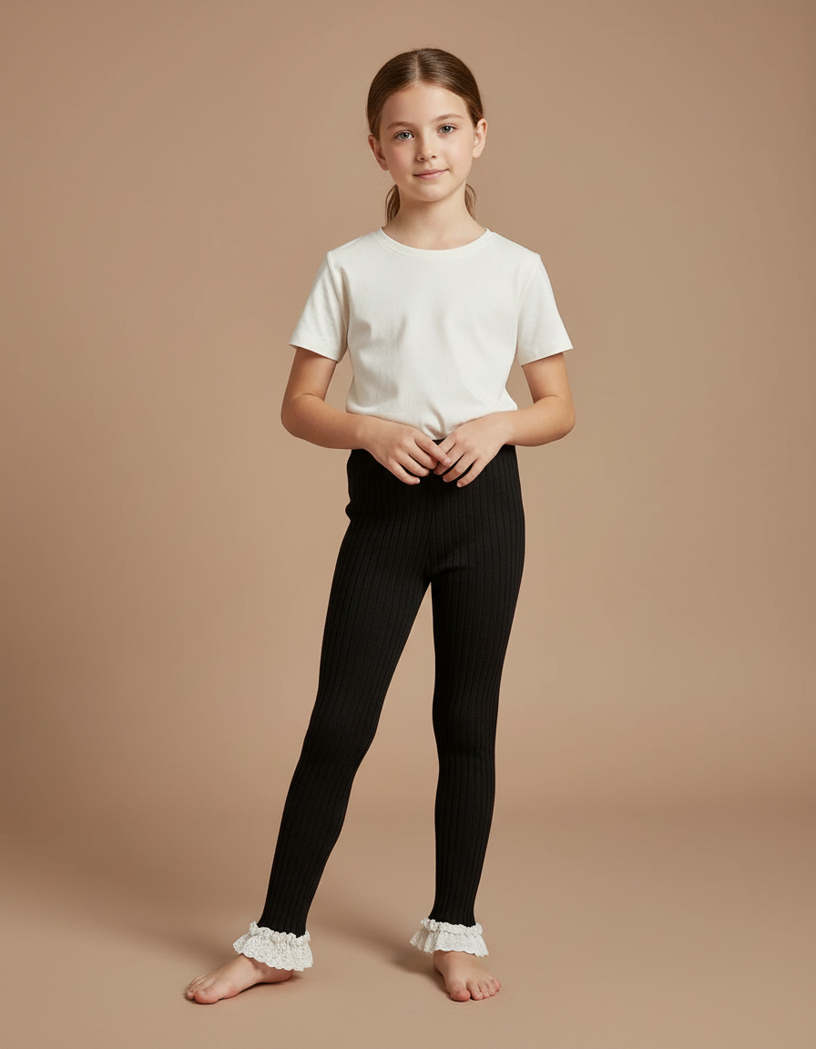 Pantalon Noir Côtelé Dentelle Volants Fille Confortable - Maille