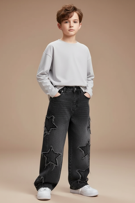 Pantalon Noir Ample Denim Étoiles Déchirées Garçon - Jean