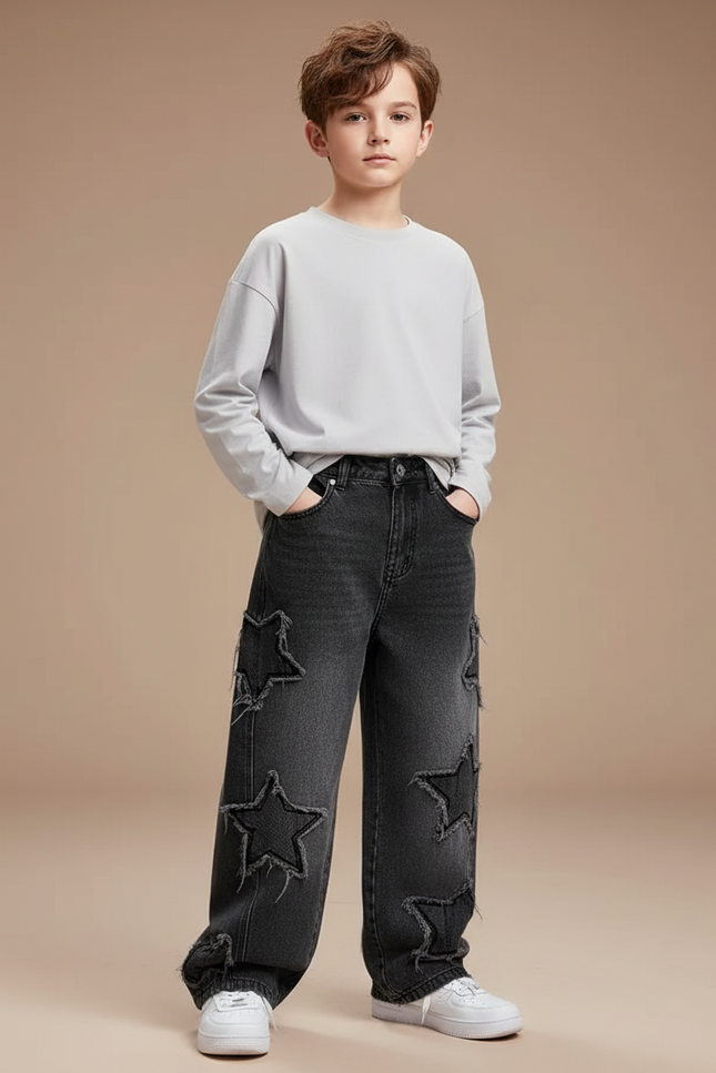 Pantalon Noir Ample Denim Étoiles Déchirées Garçon - Jean