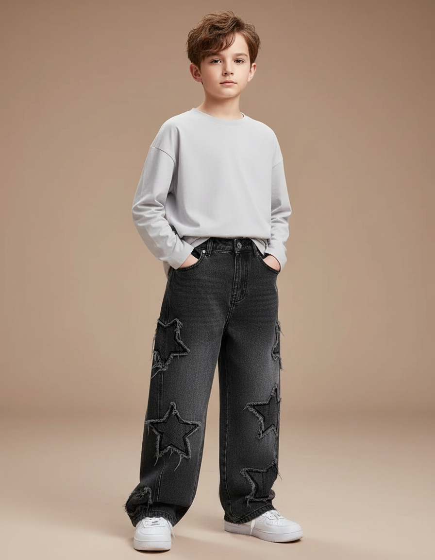 Pantalon Noir Ample Denim Étoiles Déchirées Garçon - Jean