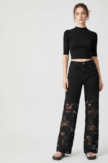 Pantalon Noir Large Dentelle Évidée Patchwork Femme - Jean