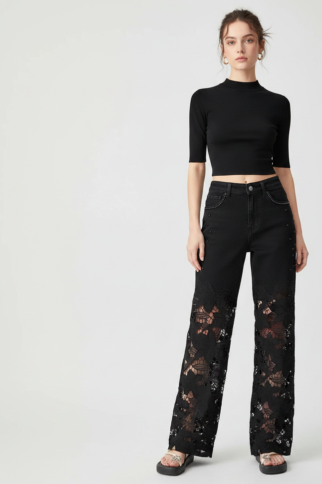 Pantalon Noir Large Dentelle Évidée Patchwork Femme - Jean