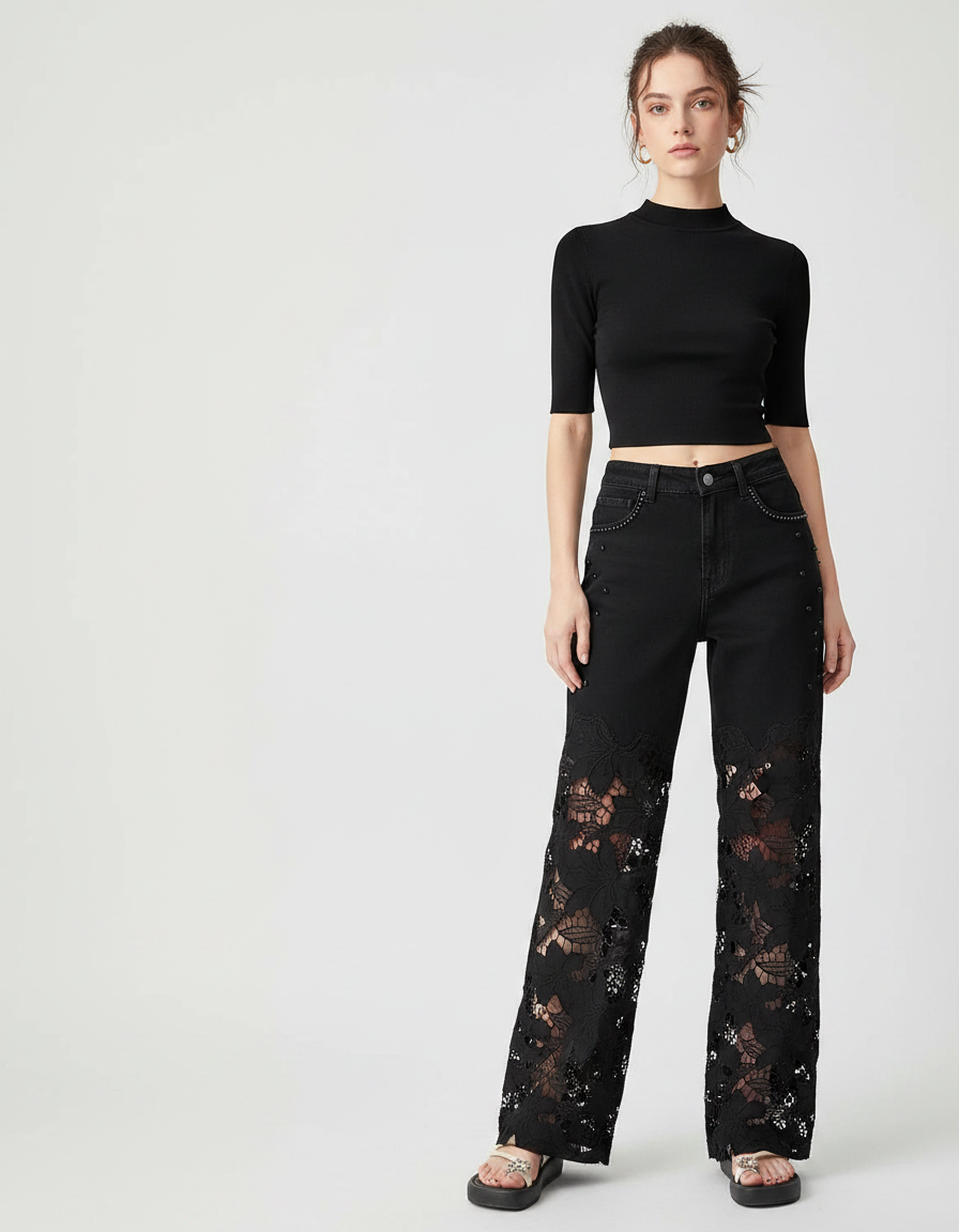 Pantalon Noir Large Dentelle Évidée Patchwork Femme - Jean
