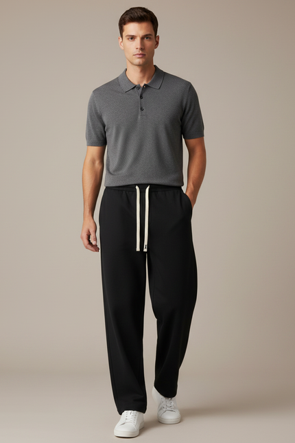 Pantalon Noir Ample Décontracté Cordon Blanc Respirant - Molleton