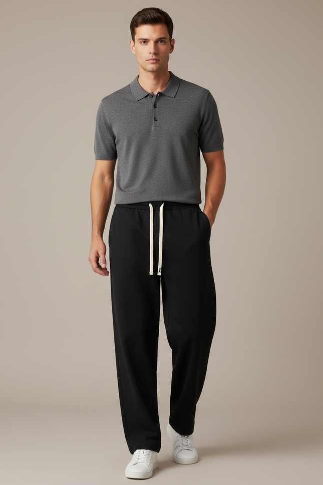 Pantalon Noir Ample Décontracté Cordon Blanc Respirant - Molleton