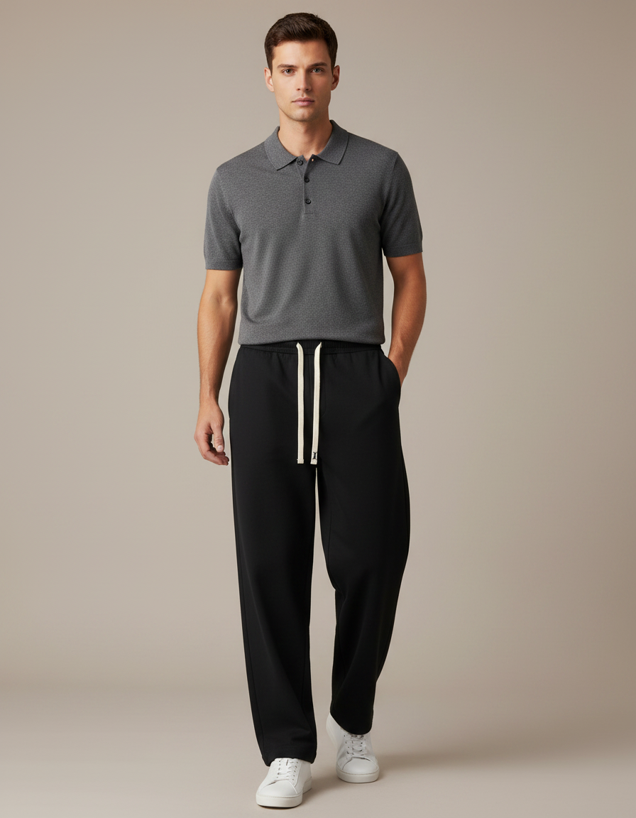 Pantalon Noir Ample Décontracté Cordon Blanc Respirant - Molleton