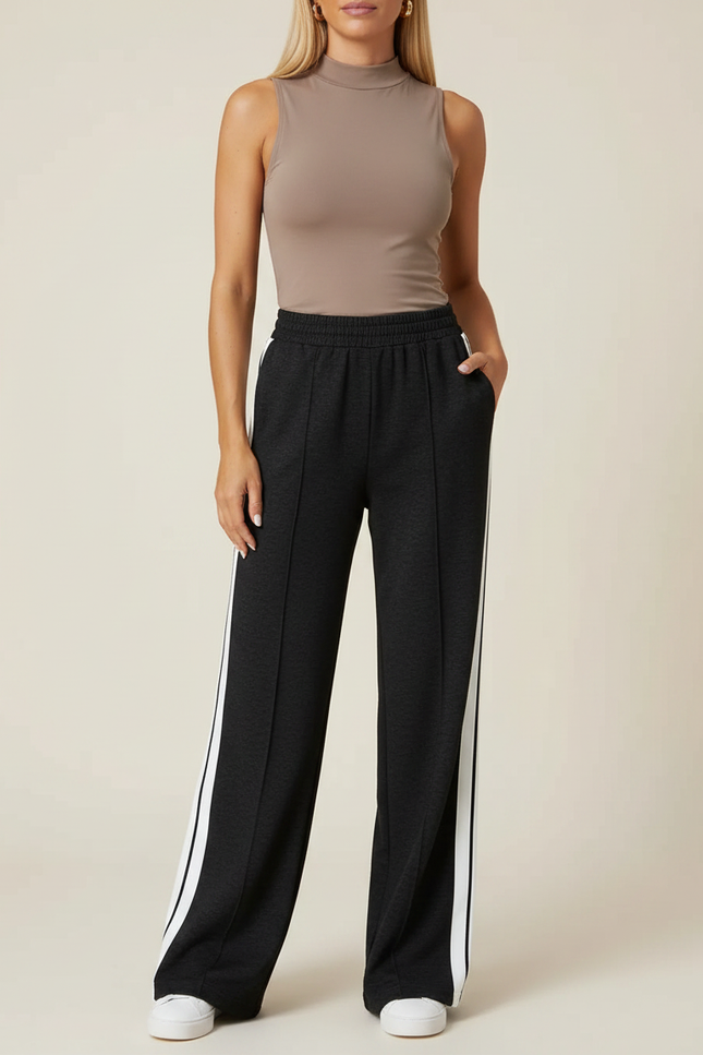 Pantalon Noir Large Bande Latérale Décontracté - Molleton