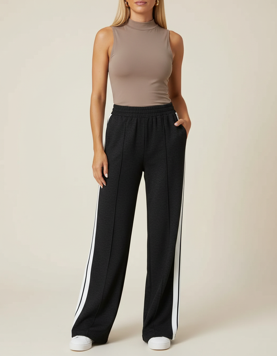 Pantalon Noir Large Bande Latérale Décontracté - Molleton