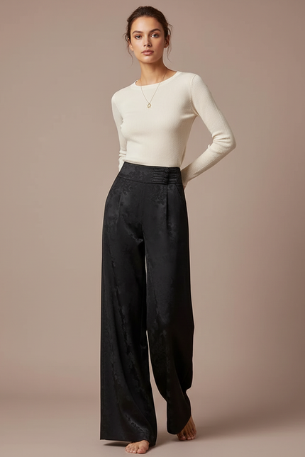 Pantalon Noir Satin Jacquard Ample Fluide Femme
