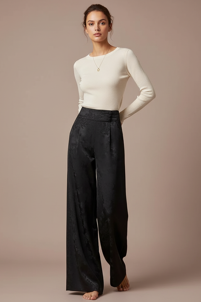 Pantalon Noir Satin Jacquard Ample Fluide Femme