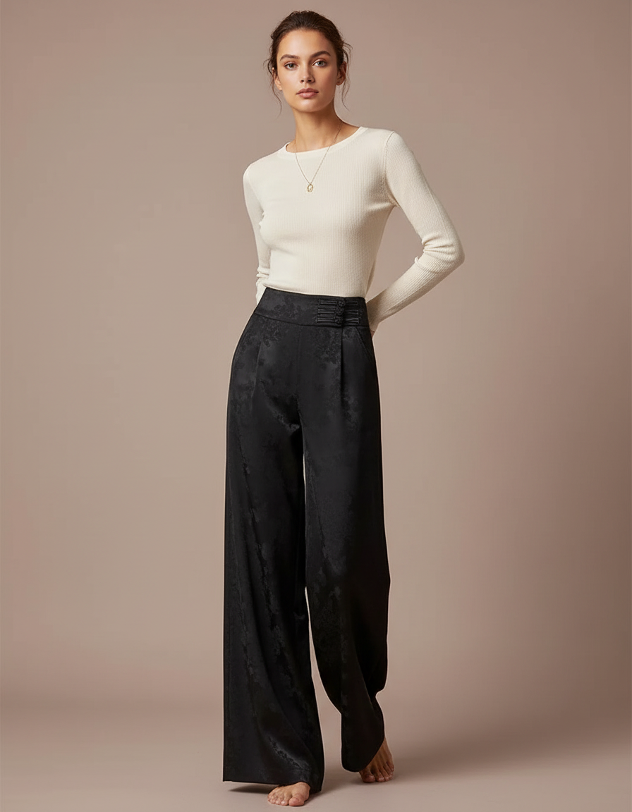 Pantalon Noir Satin Jacquard Ample Fluide Femme