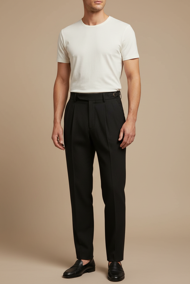 Pantalon Noir Plissé Droit Taille Haute Élégant - Laine