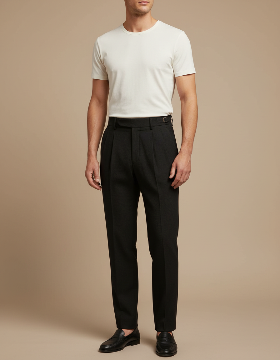 Pantalon Noir Plissé Droit Taille Haute Élégant - Laine