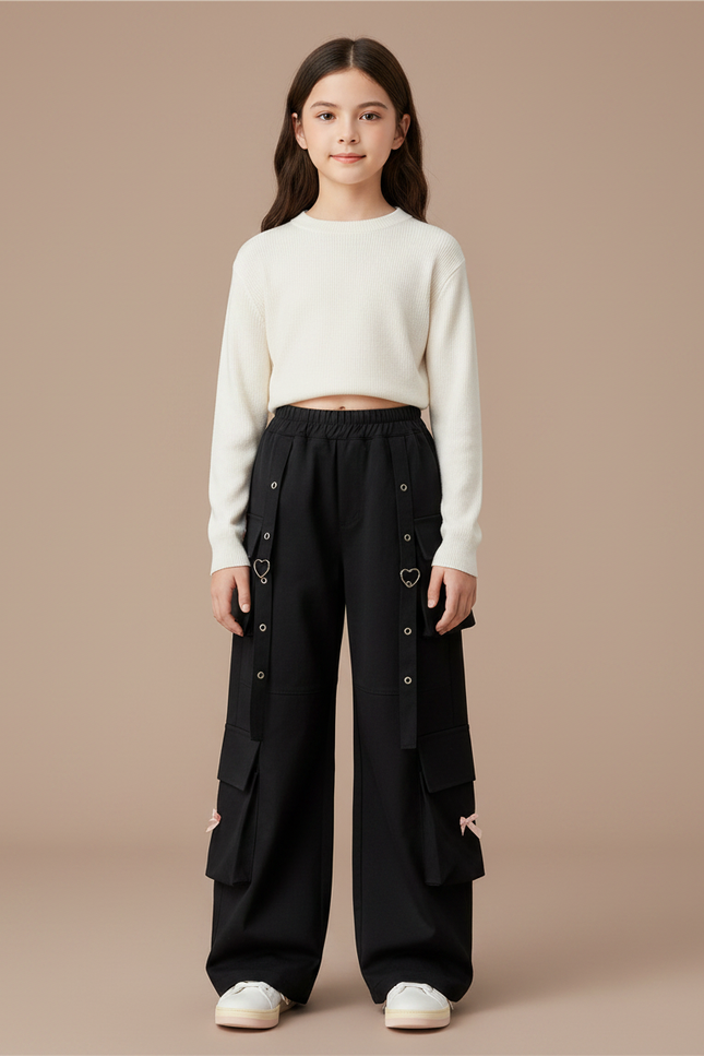 Pantalon Noir Cargo Ample Fille Cœurs Nœuds - Gabardine