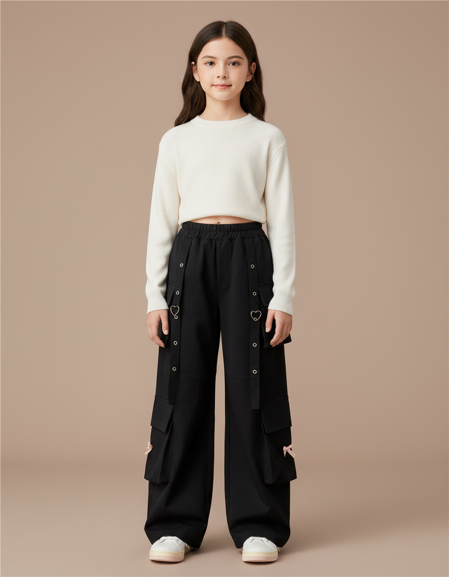 Pantalon Noir Cargo Ample Fille Cœurs Nœuds - Gabardine