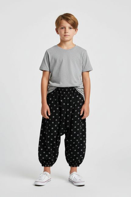 Pantalon Noir Harem À Pois Côtelé Garçon Décontracté - Cordé