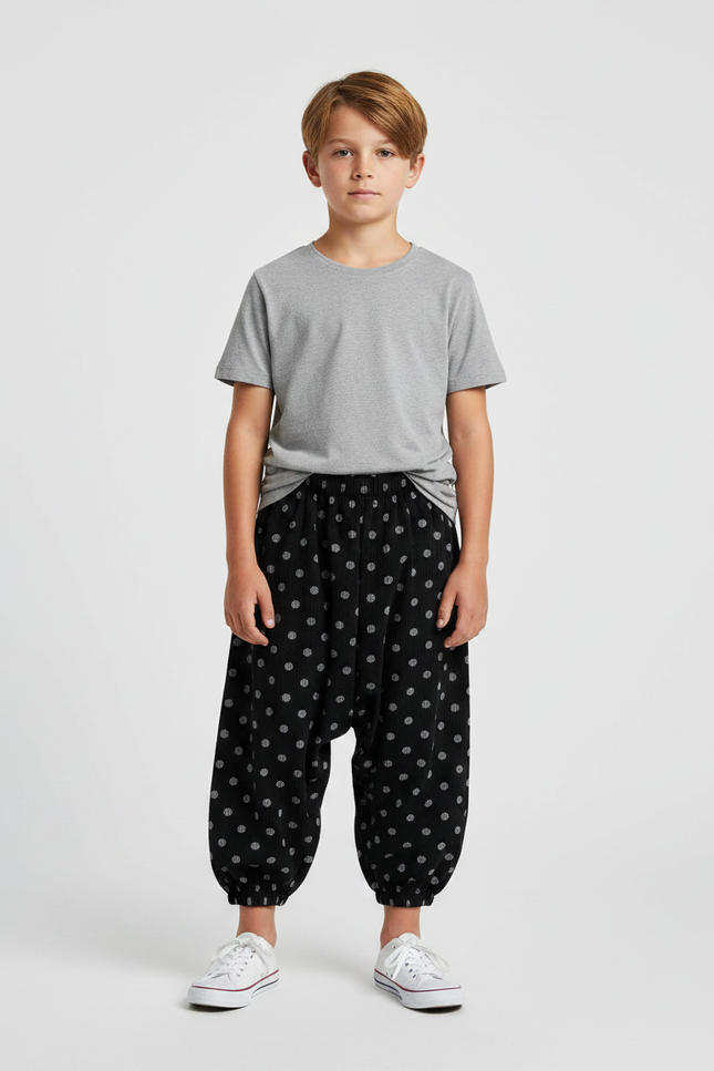 Pantalon Noir Harem À Pois Côtelé Garçon Décontracté - Cordé
