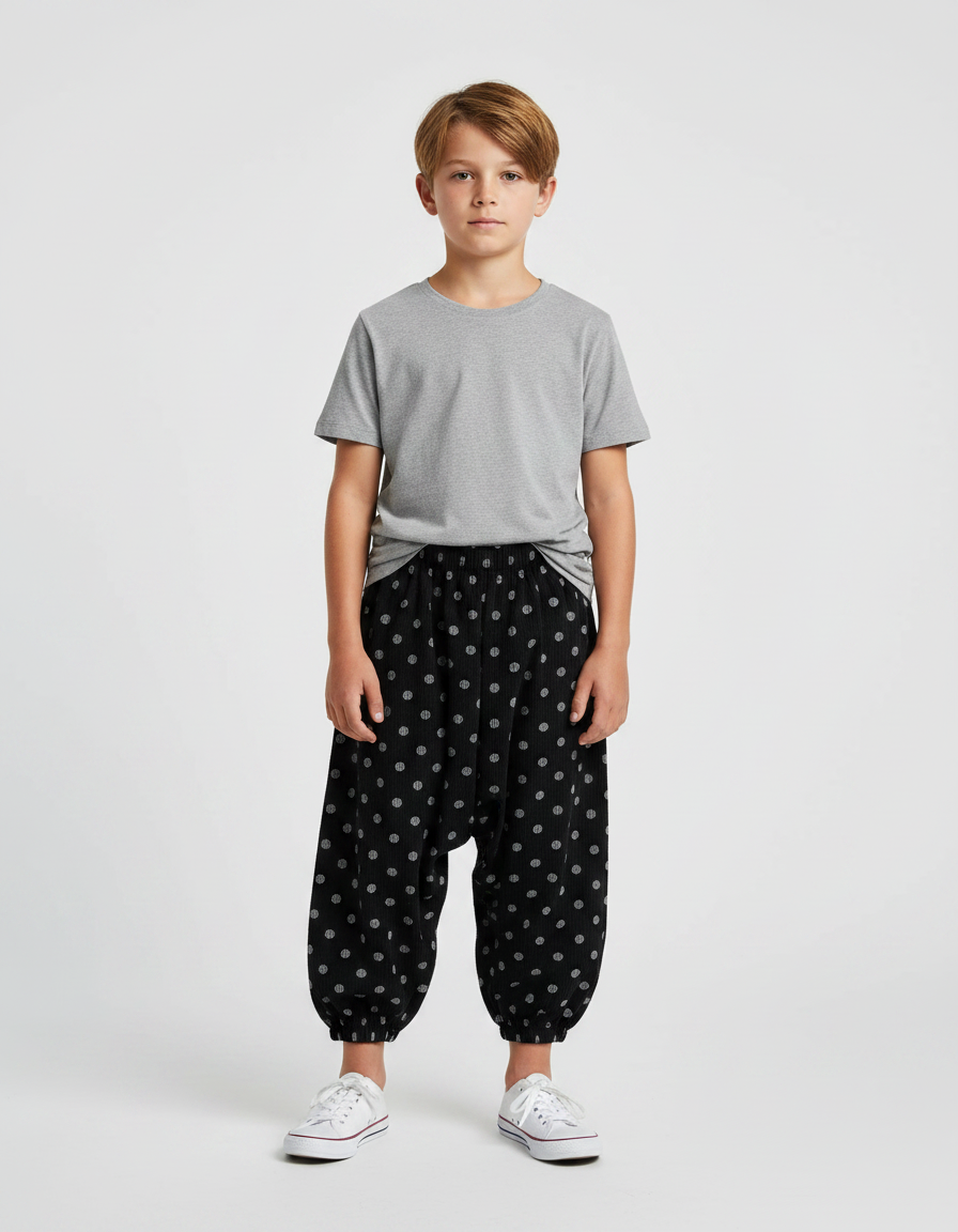 Pantalon Noir Harem À Pois Côtelé Garçon Décontracté - Cordé