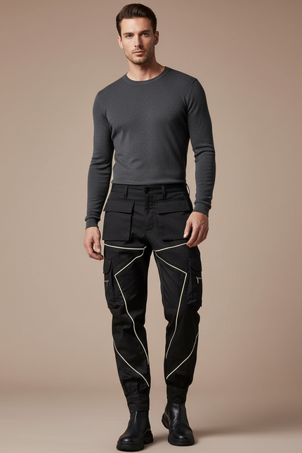 Pantalon Noir Bande Blanche Homme - Gabardine