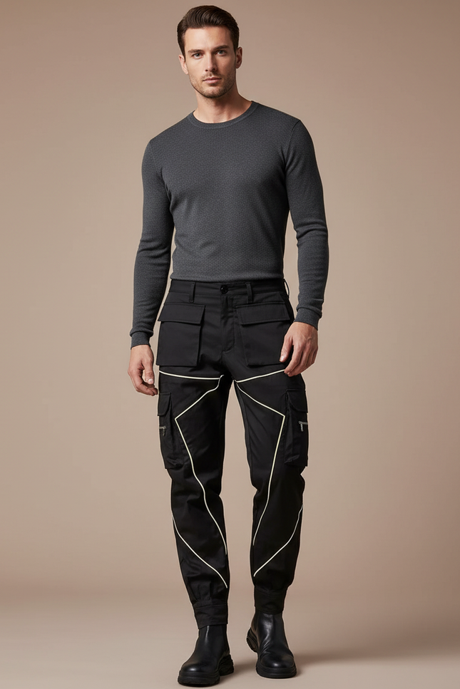 Pantalon Noir Bande Blanche Homme - Gabardine