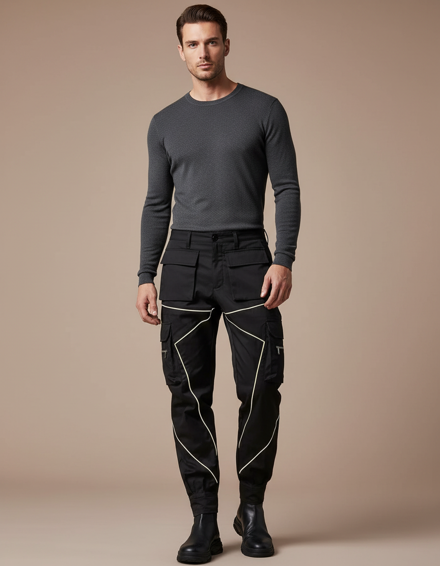 Pantalon Noir Bande Blanche Homme - Gabardine