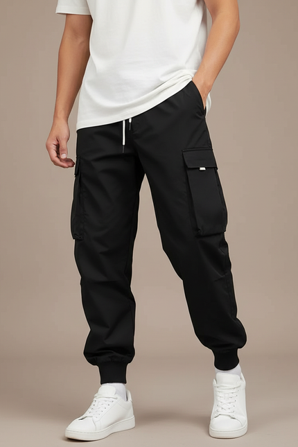 Pantalon Noir Cargo Cordon Ajusté Homme Sportif - Polyester