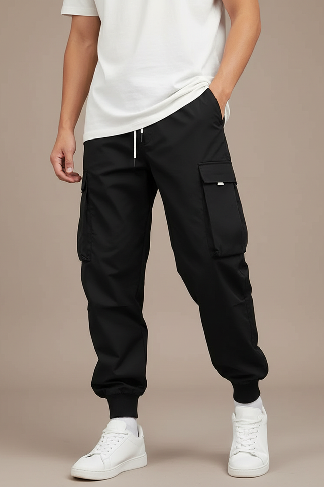 Pantalon Noir Cargo Cordon Ajusté Homme Sportif - Polyester