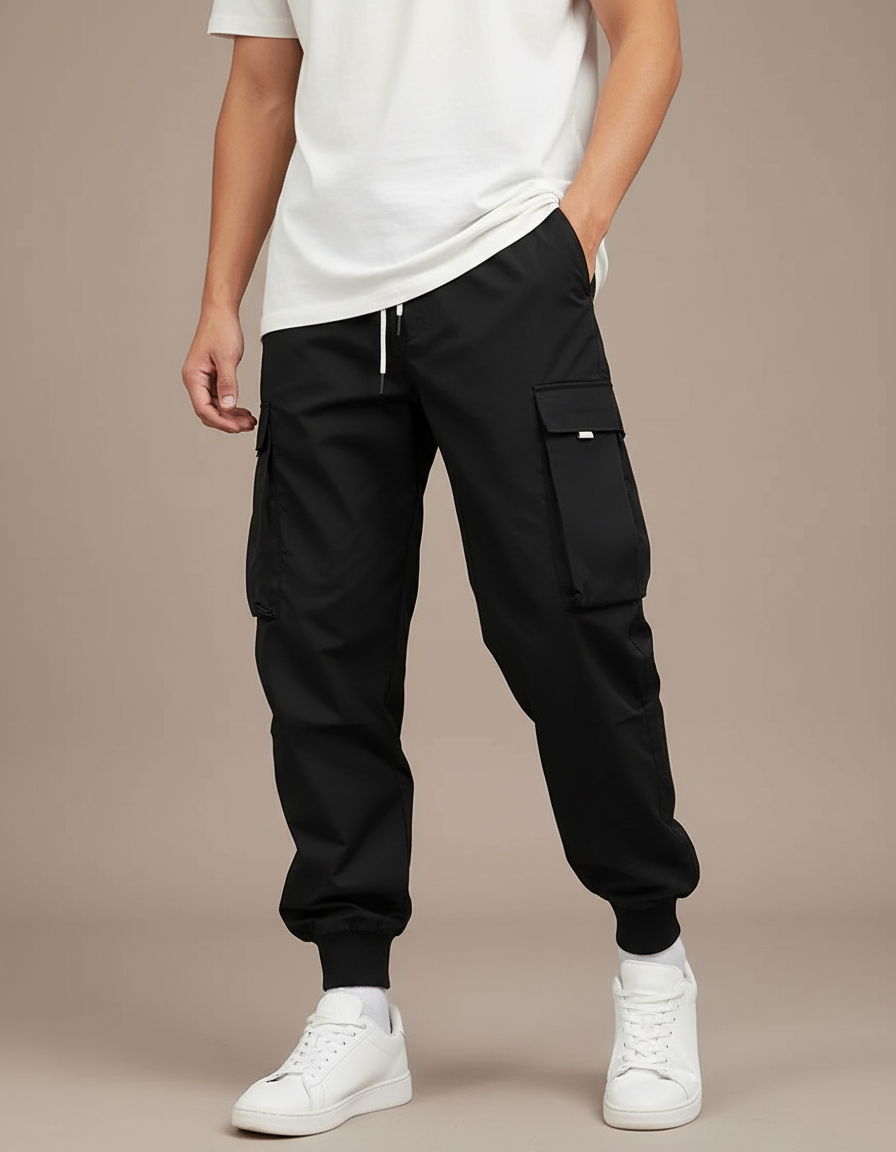 Pantalon Noir Cargo Cordon Ajusté Homme Sportif - Polyester