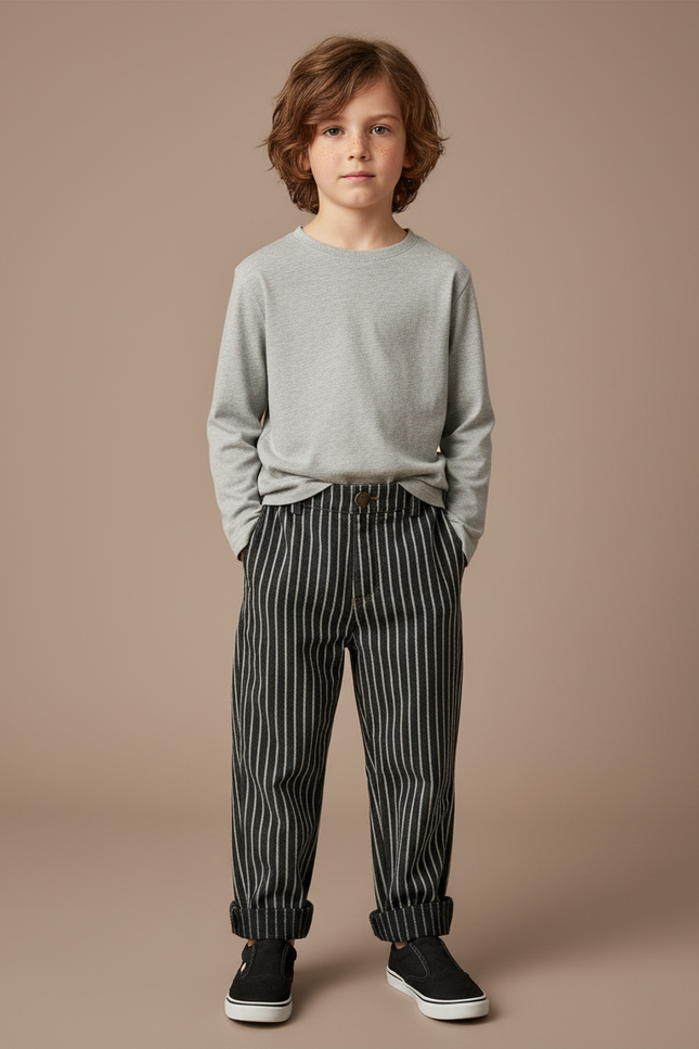 Pantalon Noir Rayé Ample Décontracté Enfant - Laine