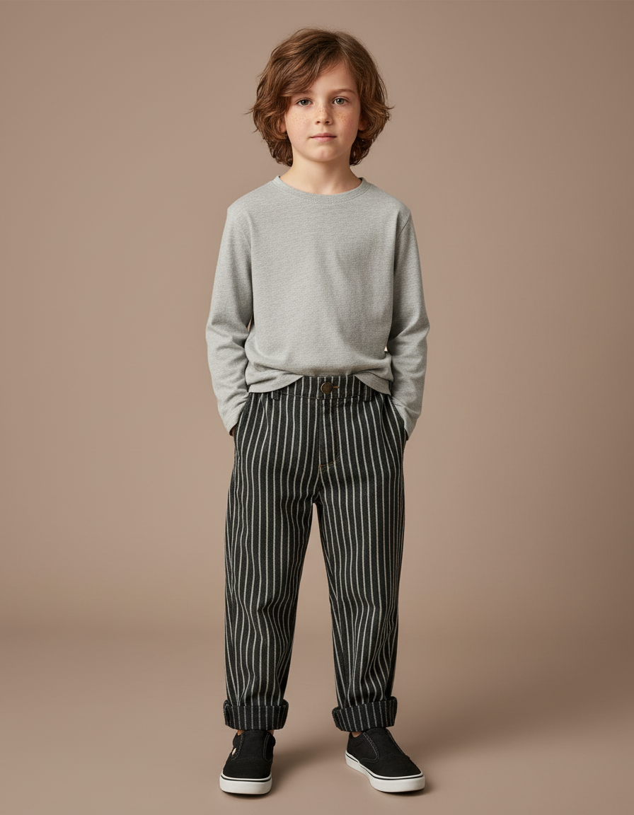 Pantalon Noir Rayé Ample Décontracté Enfant - Laine