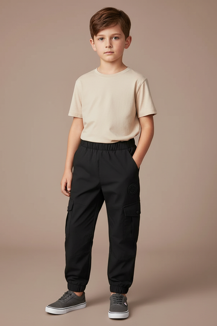 Pantalon Noir Cargo Enfant Coton Multi-Poches - Polyester