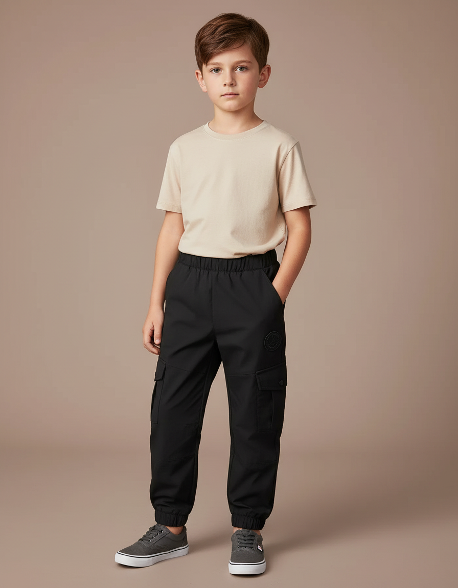 Pantalon Noir Cargo Enfant Coton Multi-Poches - Polyester