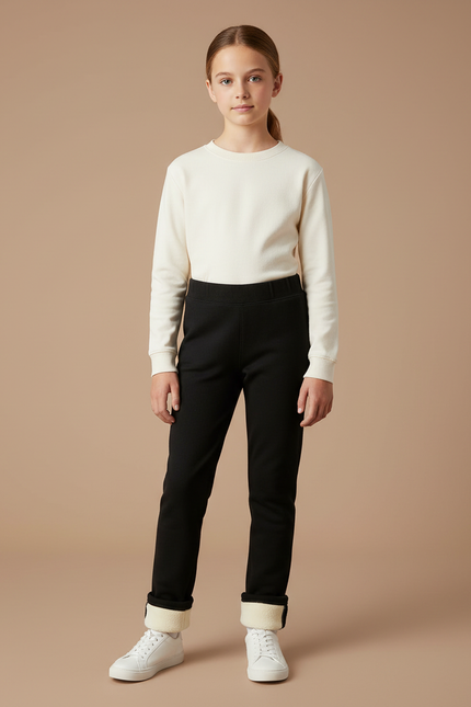 Pantalon Noir Molletonné Doublé Polaire Fille Hiver Chaud