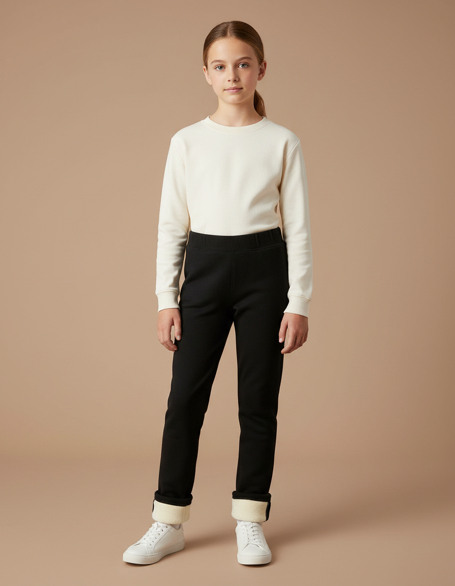 Pantalon Noir Molletonné Doublé Polaire Fille Hiver Chaud