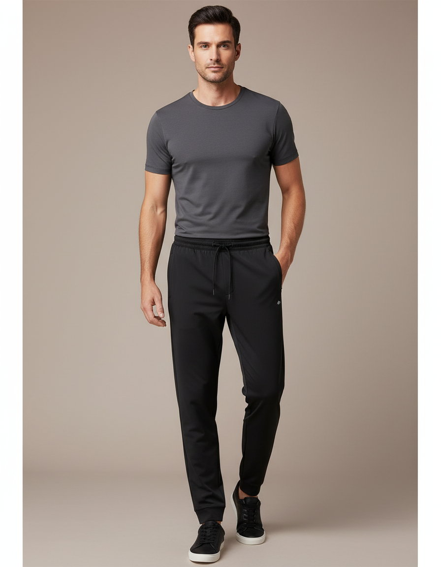 Pantalon Noir Homme Sportif Ajusté Décontracté Fluide - Polyester