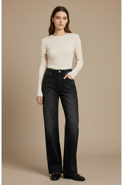 Pantalon Noir Ample Vintage Décontracté Évasé Femme - Jean