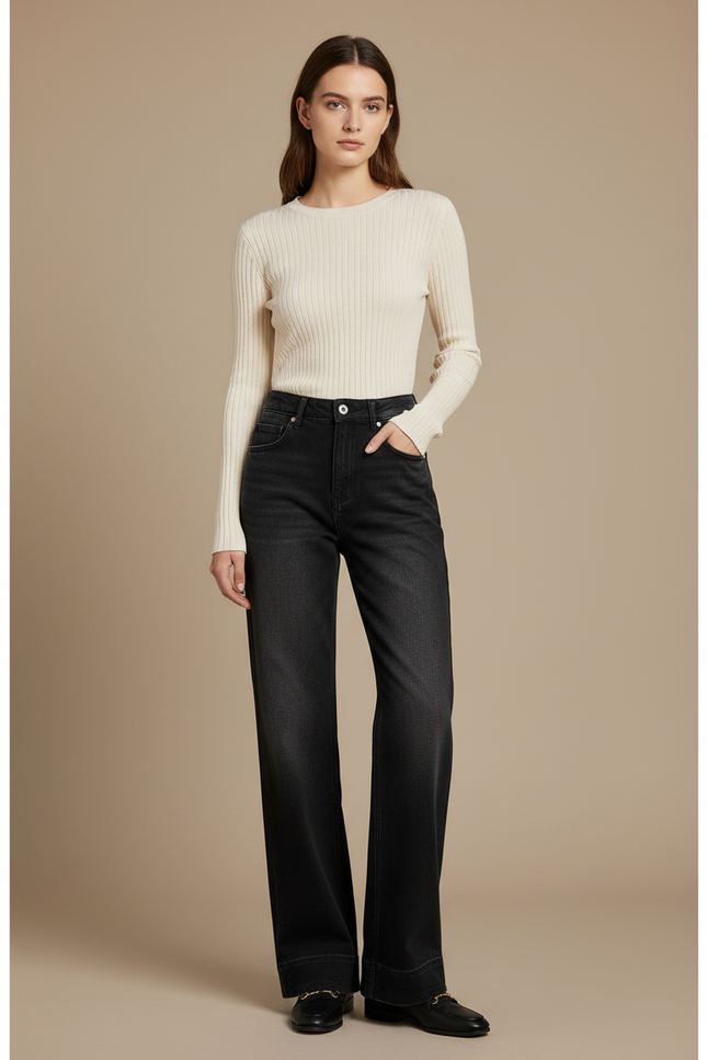 Pantalon Noir Ample Vintage Décontracté Évasé Femme - Jean