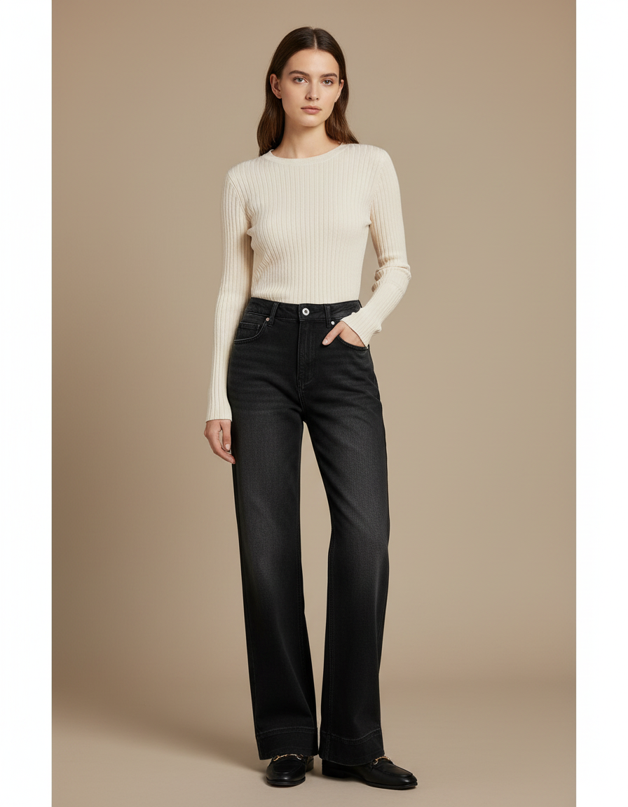 Pantalon Noir Ample Vintage Décontracté Évasé Femme - Jean