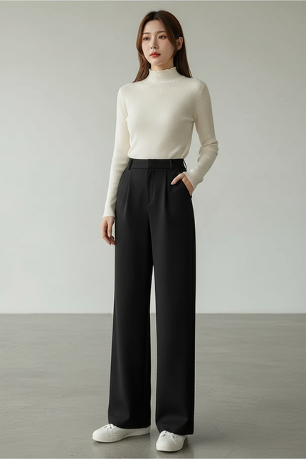 Pantalon Noir Fluide Taille Haute Large Décontracté - Polyester
