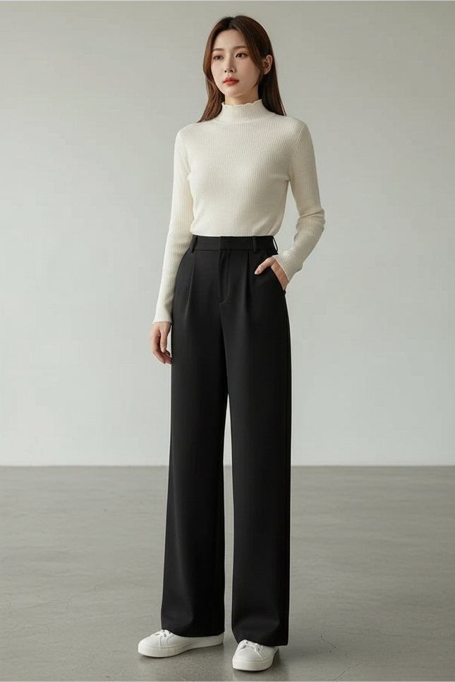 Pantalon Noir Fluide Taille Haute Large Décontracté - Polyester