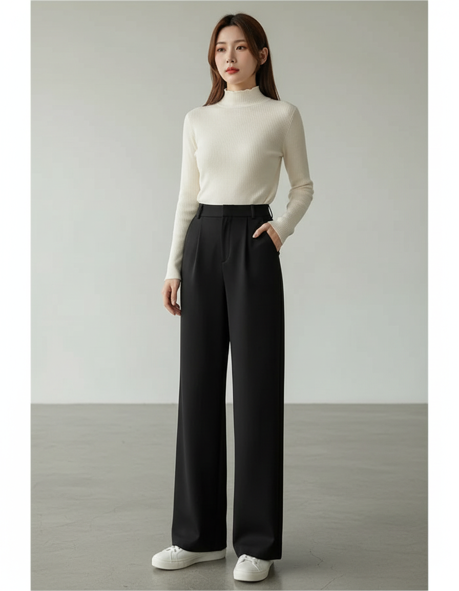 Pantalon Noir Fluide Taille Haute Large Décontracté - Polyester