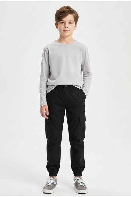 Pantalon Noir Cargo Jogging Coton Garçon